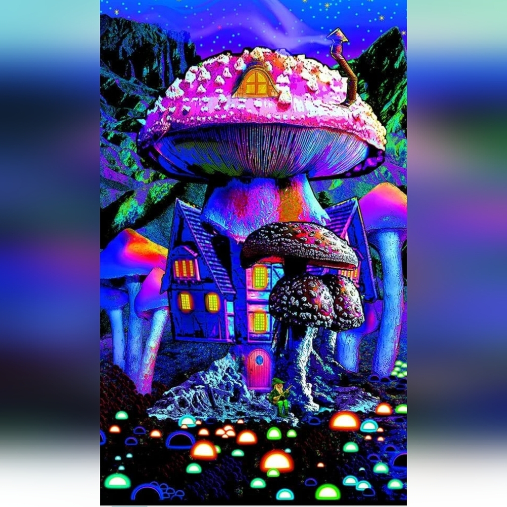 Blacklighy Mushroom House Art Print